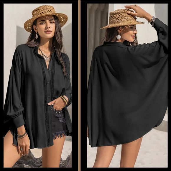 Lovely Rosetta Tops - Black Lace Affair Button Shirt